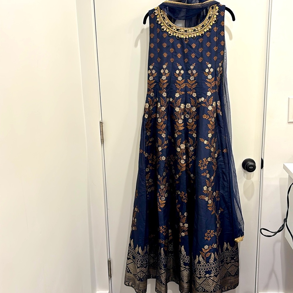 Navy blue anarkali (Indian) gown with dupatta.